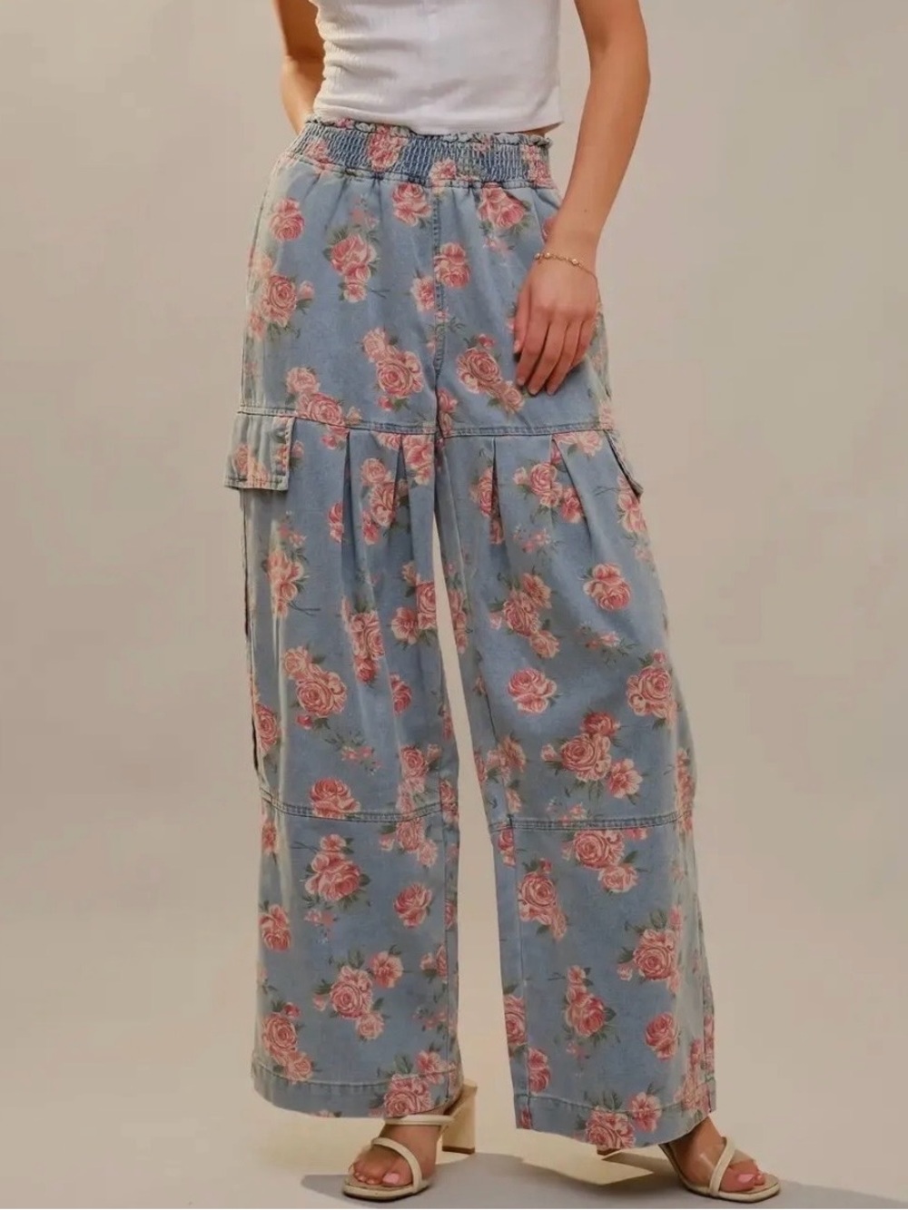 Light Blue Floral Wide-Leg Cargo Pants